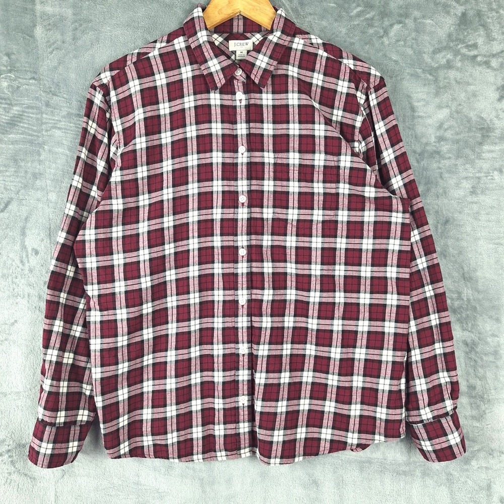 J Crew Top Womens‎ Medium Burgundy Plaid Flannel Preppy Button Up Casual Classic